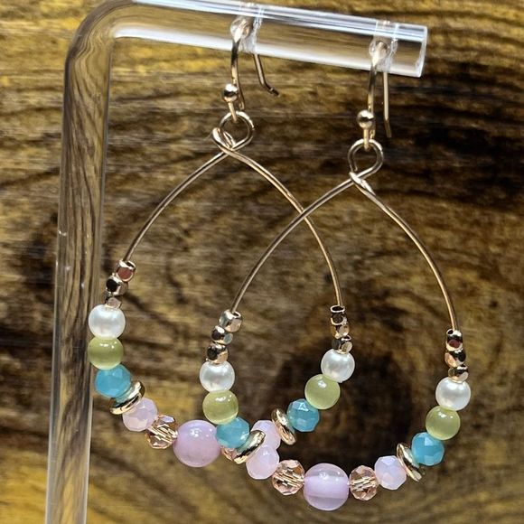 Multicolor Beaded Rose Gold Dangling Earrings - Picture 2 of 6